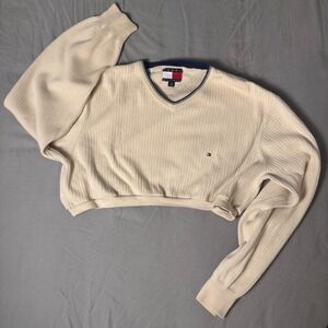 Vintage Tommy Hilfiger Cropped Sweater Women's Beige Ribbed‎ V-Neck Logo Y2K